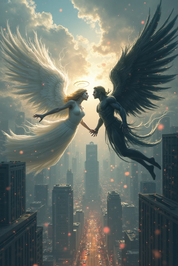 A beautiful corian girl with white bikiny and with black wings she flying in the skay above the clouds at the sunset time and se has cat eyes and she is flying with her boyfriend har boyfred ware a blac cort and pant he is arabian and he has white wings