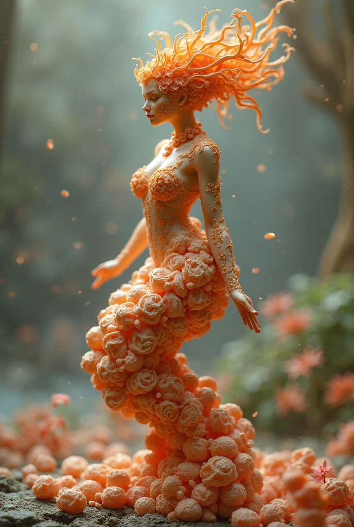 A beautiful woman, Peach feathers, Surrounded by trees, See-through dresses, Hair explodes into colorful flowers, finely detailed features, Complex brushstrokes, Beautiful lighting, Cinematic, Color grading, Depth of field, Intricate details, illusory engine, concept art of character, Creative, Expressive, Stylized anatomy, Digital art, 3D rendering of, Unique, Award-winning, Adobe Photoshop, Maximum 3D studio, Perfect concept, Distinctive personality, Consistent style, hardware*