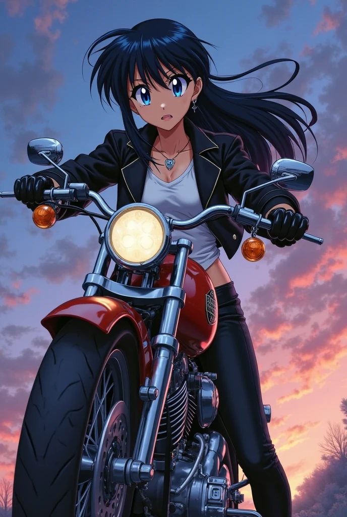 1girl, Nico Robin (One Piece), sunglasses on head, wind-blown hair, motorcycle jacket, cleavage,jeans, riding motorcycle, highway, beautiful city view, night, masterpiece, best quality, absurdres,angle from side