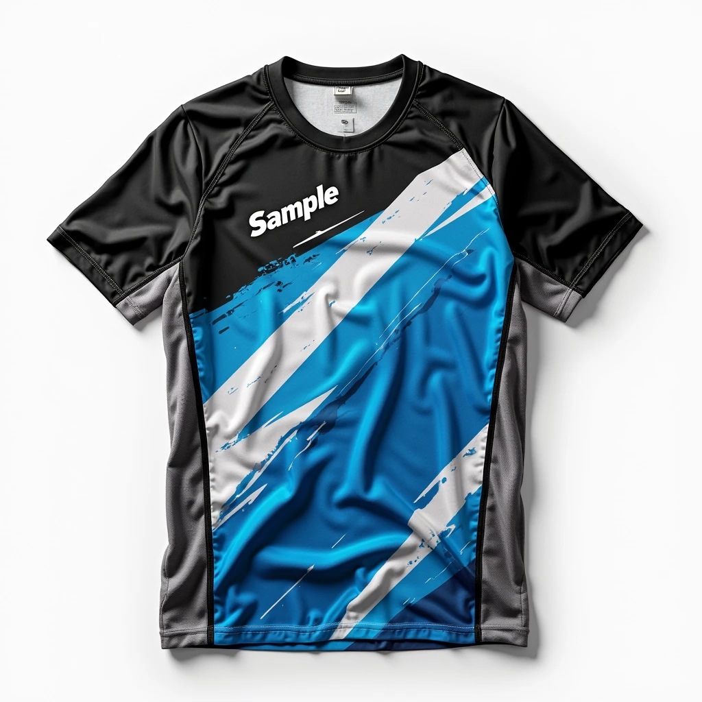 A shirt for an automotive parts company, Dark blue to the shoulders, a grey line and then a light blue line until the shirt is finished