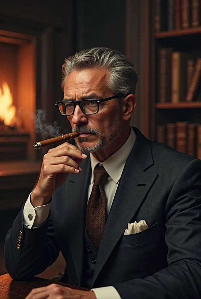 (Masterpiece, best quality), photorealistic, extremely detailed, a gentleman wearing suit, 40 years old man, beard, glasses, smoking cigar, sitting on chair, mafia look, cinematic light, low light,