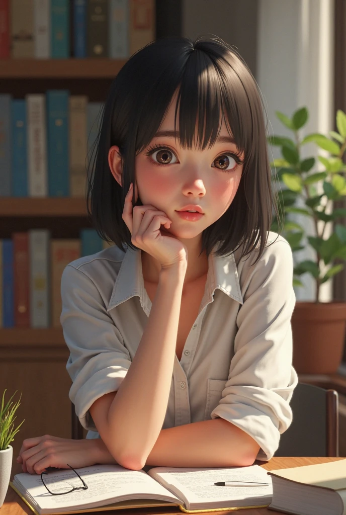 best, masterwork,1girl, 独奏, a room, study, turning off lights, Stand Light, Face Details、A library full of books