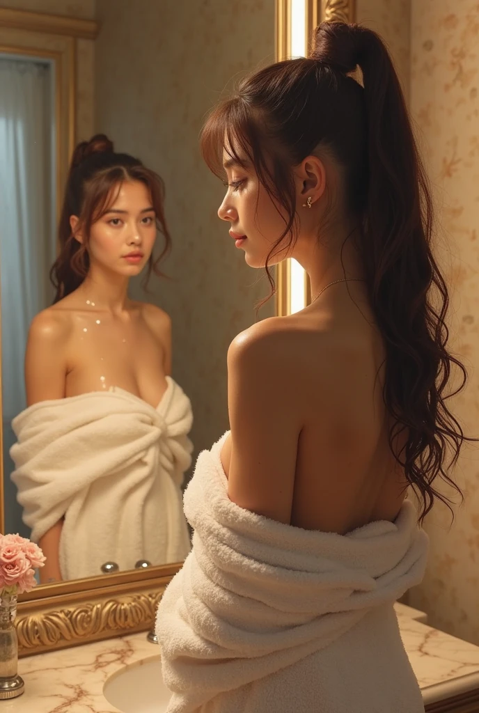 1girl in, Upper body, gros-plan, 8K, Raw photo, of the highest quality, masutepiece, Realistic, Photorealistic, Underwear, bath robe