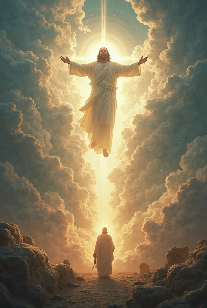 A bible and in the background the apocalypse happening, He's in the sky, Jesus coming back, very realistic