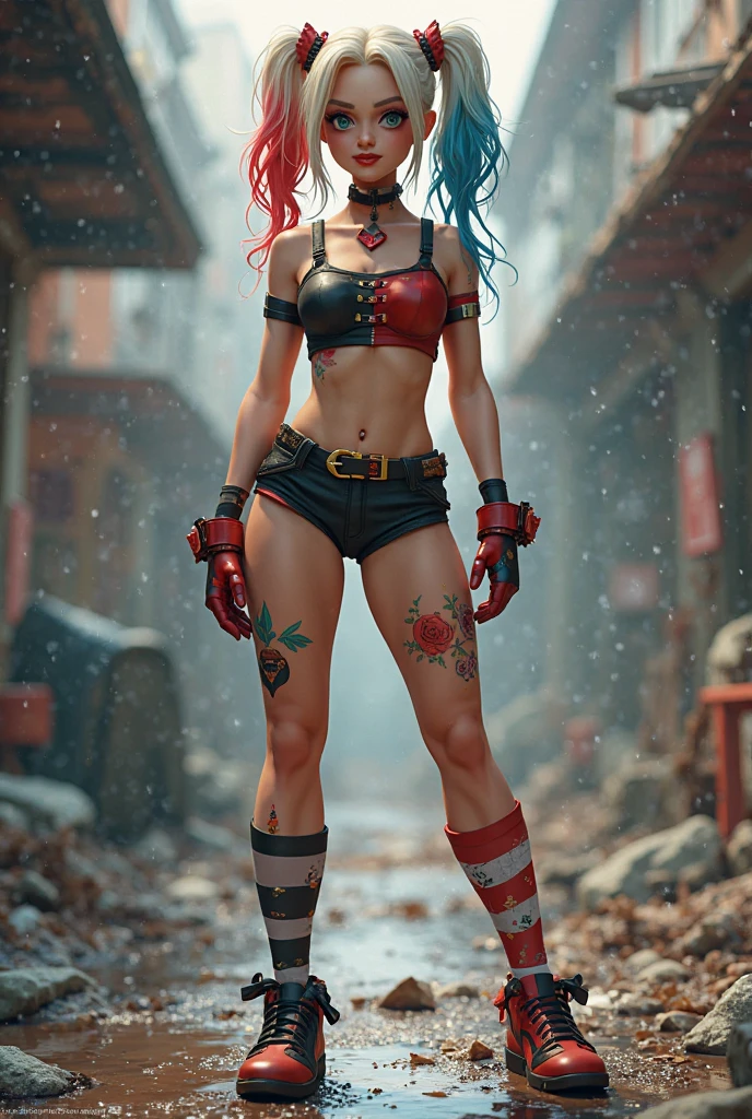 a gorgeous Harley Quinn standing on sand wind in the hair, happy posing, marvelous masterpiece, luring