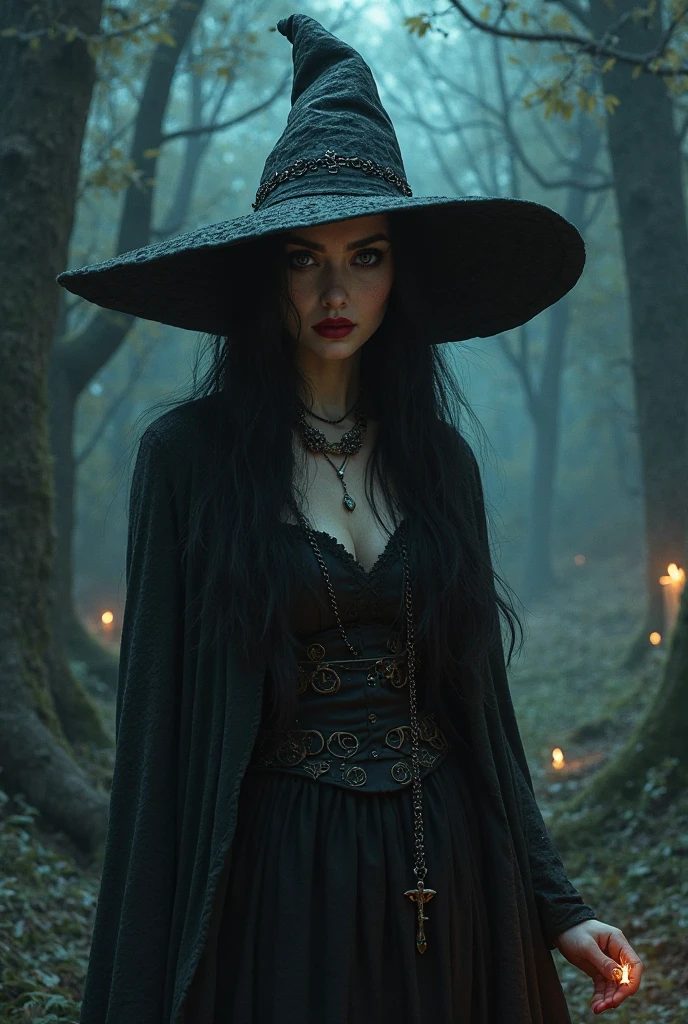 give a 4k black and white closeup of a scary and sexy witch in a dark mystical forest, with half of her face human and half skull