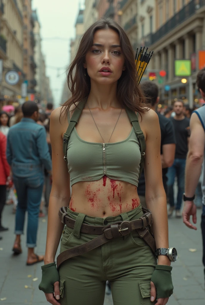 Gloomy girl, brunette, ponytail hairstyle, (zombie hunter, leather vest, torn black T-shirt, military pants, belt with holster), in a zombie hunter costume, neckline, standing against the backdrop of destroyed streets, looking at the viewer, ((crowd of zombies on background)), moody lighting, dim light, depth of field, bokeh