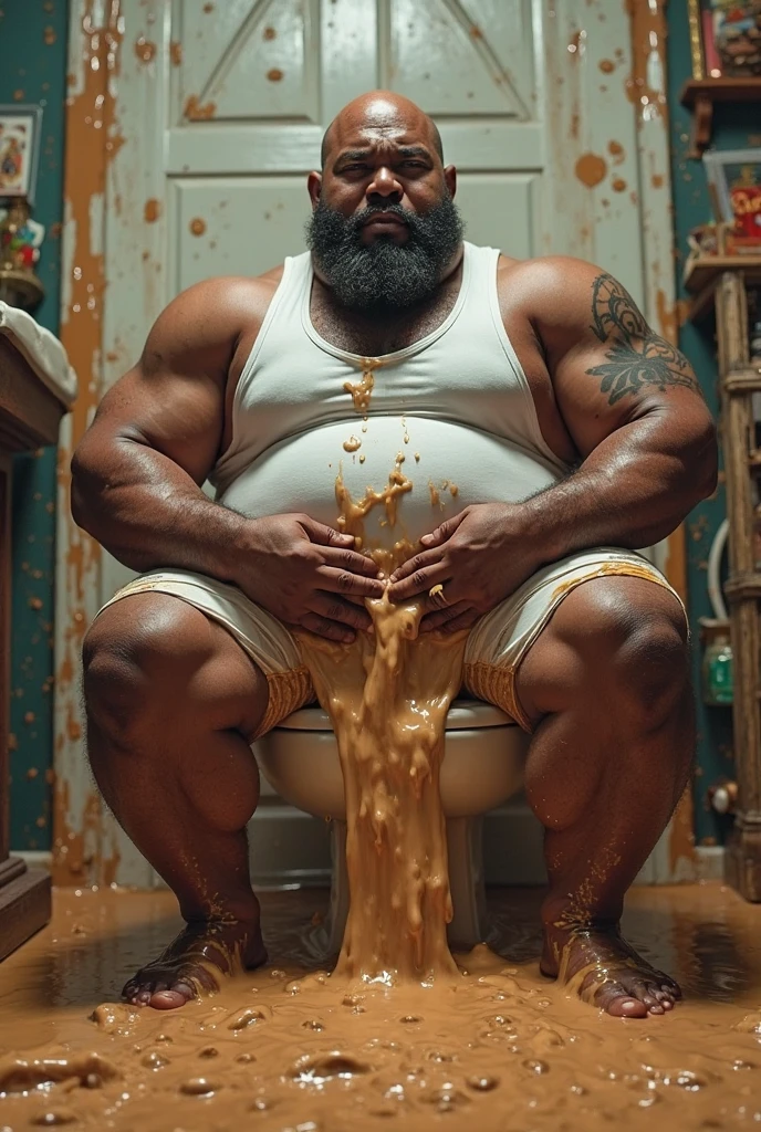 full body view, an incredibly huge over-muscular excessively massively bodybuilded white blond guy with undercut haircut, white lycra shorts, in white sweaty socks, no shoes, so incredibly heavy gigantic monstruous crotch , and over-inflated pecs are four times bigger than his head, crying, terrified, wet of sweat, he desperatley can't get up from the ground where he is slumped on his stomach sprawled out in the mire in a pile of rotten rank stinky  rubbish looking like a monstruous fat sweaty bloated pig once fallen, attracted to the ground by his monstruous pecs volume and piggy bulge mass , his head looking incredibly ridiculously tiny with his huge piercing golden ring on his snout , his white sweaty filthy socked feet must be seen, shoeless, view from above, hi res