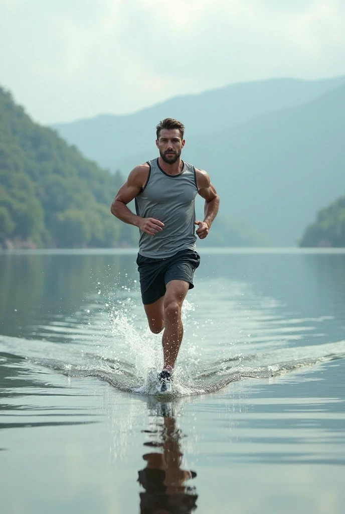 Sexy shirtless wet jamie dornan run on the lake, Vogue magazine cover concept, dramatic