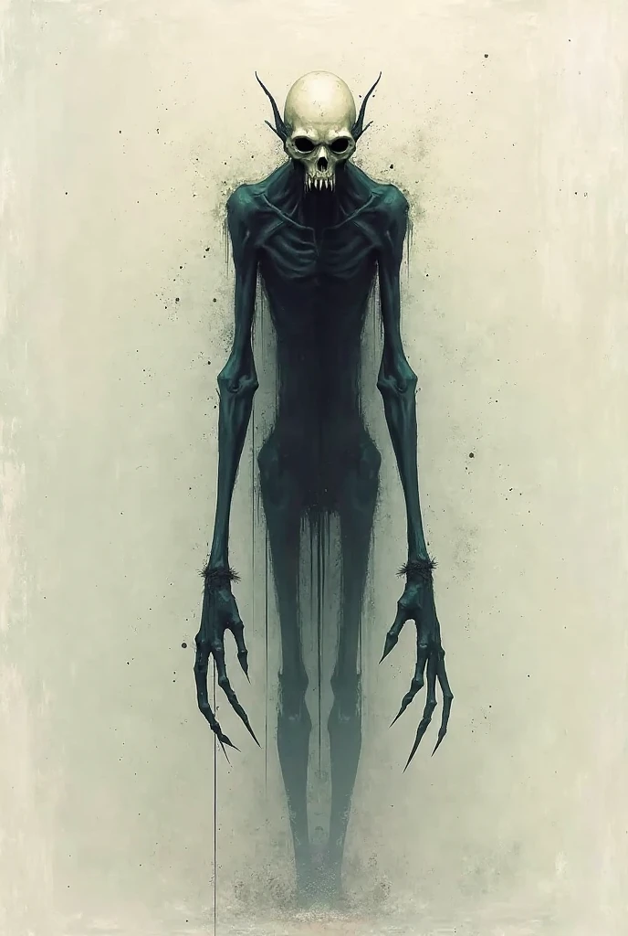 create a scribbled line drawing that symbolizes a full-body person being frightened, and the fright materialized in a being from the shadows, huge, with elongated arms, legs and  and vulnerable person, scrib