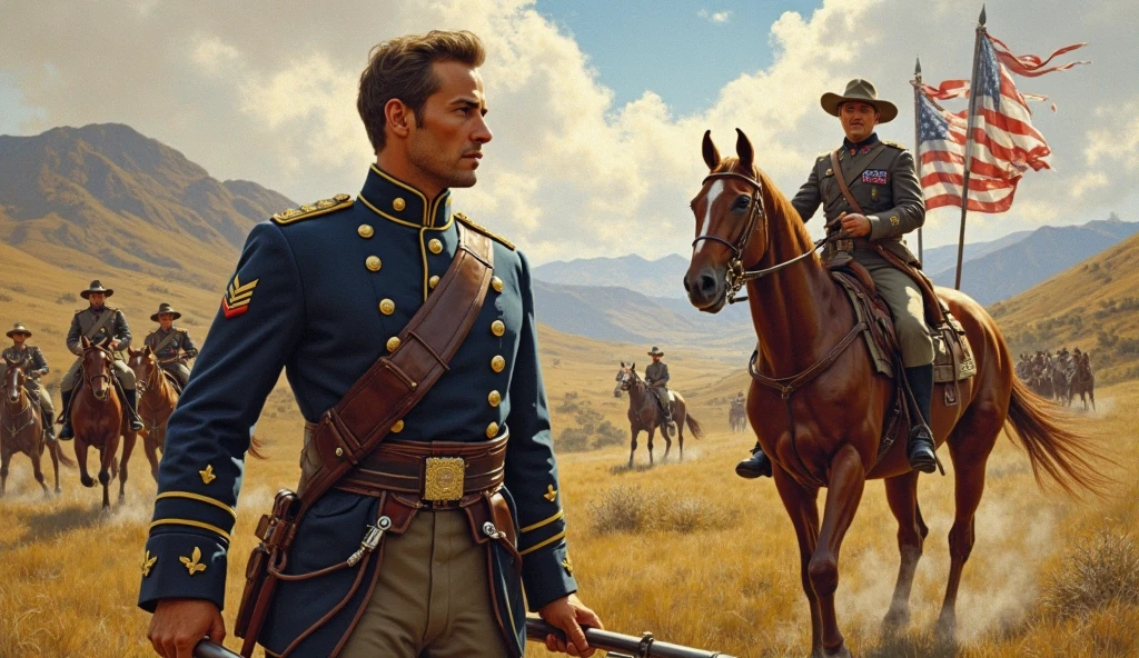 1man, boho style poster, vivid colors, warrior in a blue coat, american soldier from 1775, holding a flagpole, charging into battle, nightmare, masterpiece, missing arm, bright blue sky, hazy sky, smoke in the air, bodies on the battlefield, action shot, detailed face,
<lora:more_details>