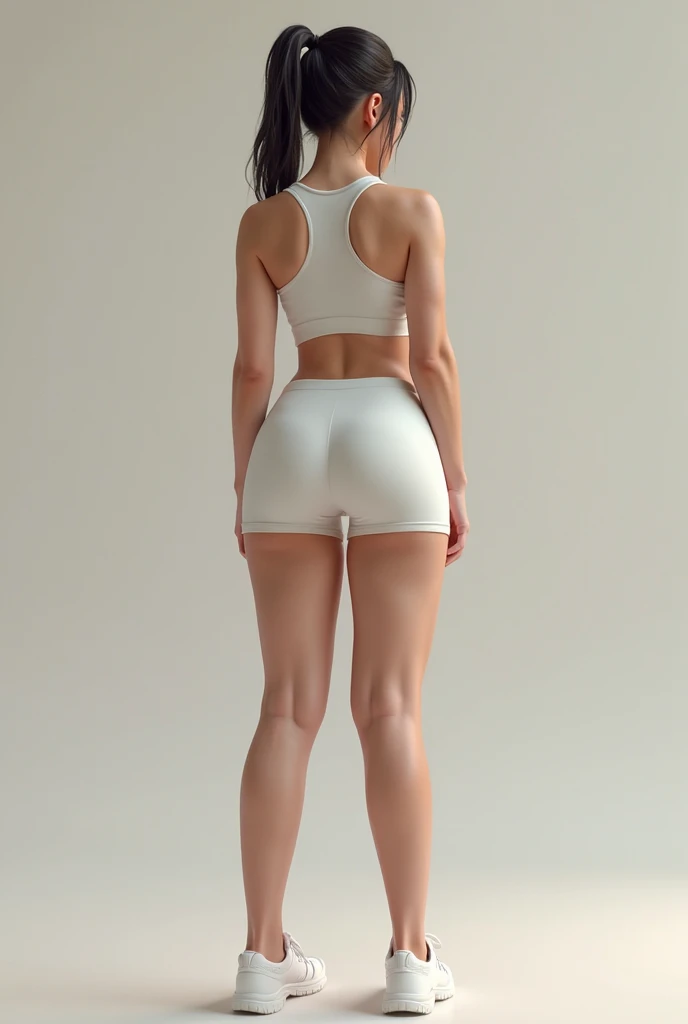 Japanese muscular girl wearing only a thin white camisole Long legs below the knee White thin ribbed knee-high socks Hands behind back Full body Short Hair Face of hopelessness Back view