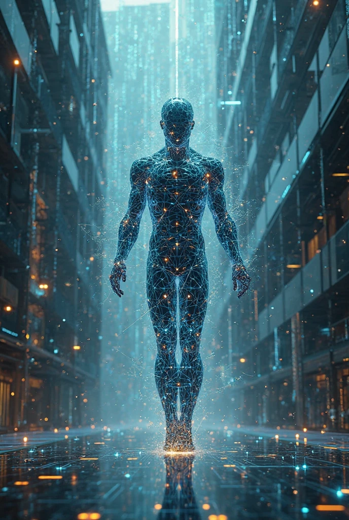 Create an image of the interior of a futuristic, semi-destroyed building, with a holographic image of an AI visible from the top floor.
