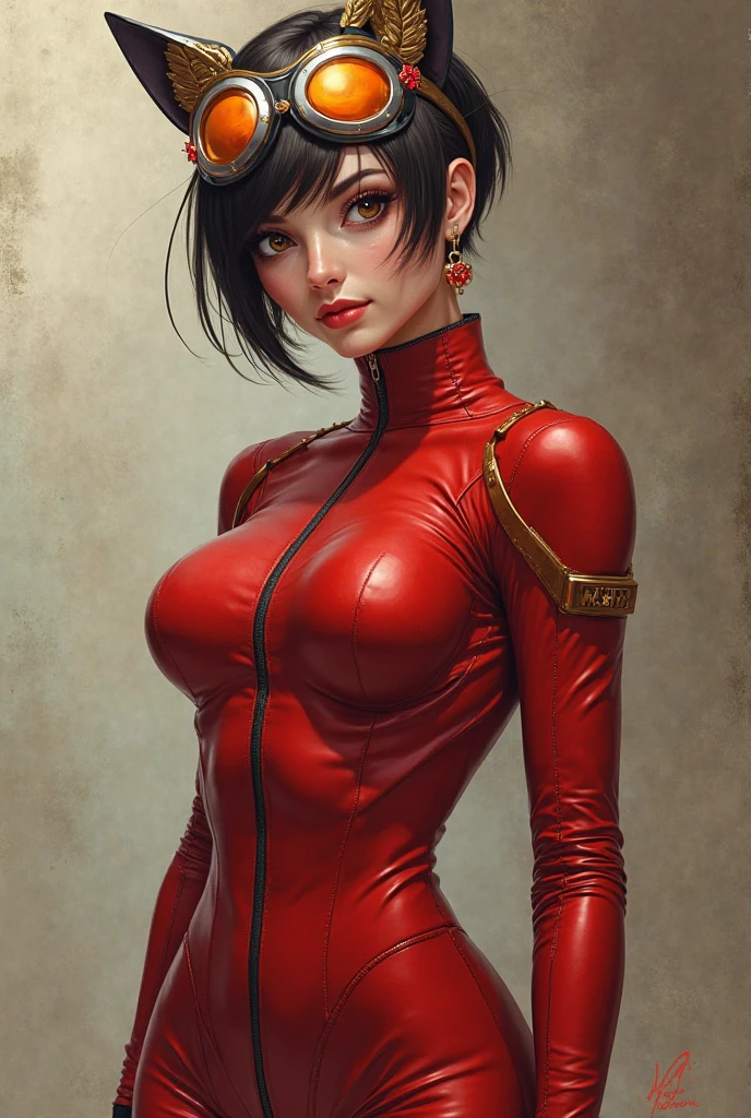 (((short red dress with vertical seams all closed))), (((long ribbon-garter))), ((( hot suit ))), (((bandaged arm))), ((high collar)), (((dynamic pose))), (((best qualityer: 1.4))), (Unbeatable masterpiece), (hiper HD),(CG 8k hyper-realistic), (((brave face))), (((medium breasts))), (((hyper feminine))), sexly girl, ((short gradient hair)), ((( sculptural body ))), (((1 girl))), garota descolada de 17 yr old com perfectbody, Beautiful and well-groomed face, muscular body:1.2,gradient color detailed jacket, (Head to thigh photos), (((dinamic view))), Complex equipment, leather dress, (((standing alone))), pirralha violent, (((17 yr old))), sexly, pose de atitude, work of art, post-apocalypse, (((manga style))), bounty hunter, violent, Manic, the way you want, slenderbody, thin but strong, perfectbody, sleeves with vertical striped pattern, background with vintage engravings, (( 正面, coasts, boku )). intricate visual