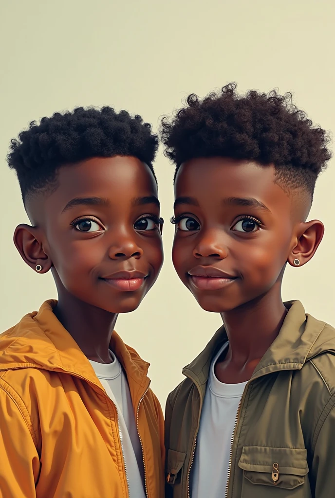 (best quality,4k,8k,highres,masterpiece:1.2),ultra-detailed,(realistic,photorealistic,photo-realistic:1.37),two 10-year-old black boys, half-body image, white background, smiling, perfect teeth