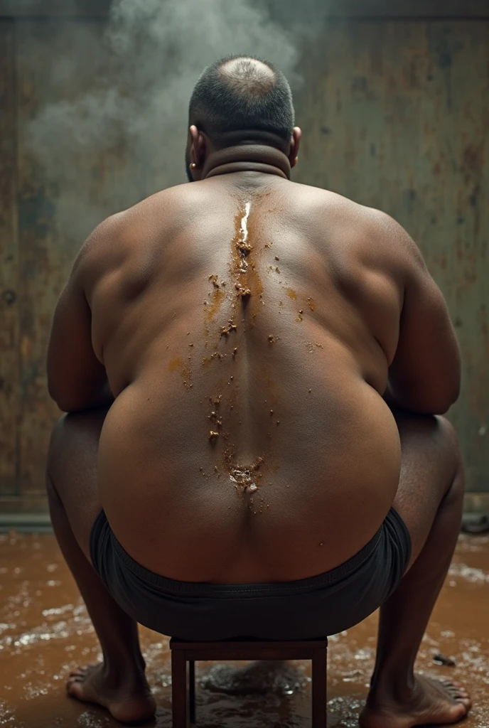 an extremely overweight,fat and very hairy black old naked man kneeling on all fours in a white room. He is depicted completely from head to toe and seen from the side. He looks very unkempt. It looks very realistic.