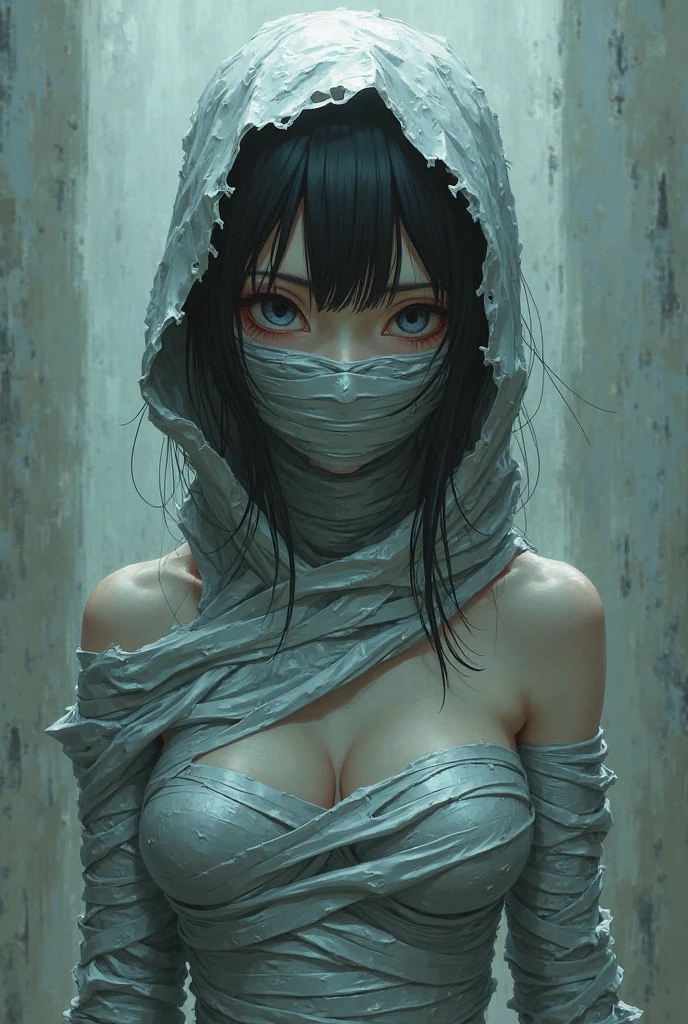 (High quality,High resolution,Fine details,Realistic),(((Mummy Costume))),(((ragged white bandages))),solo,Adult Woman,sparkling eyes,blush,Large breasts,Sweat,Oily skin,creepy atmosphere,detailed texture,aged and weathered appearance,ancient Egyptian burial,emphasized bandage wrapping,ominous lighting,dusty tomb,spooky aura,unearthly presence,dark shadows,sparse lighting effect,haunting ambiance,dramatic and mysterious scene,ominous and suspenseful mood