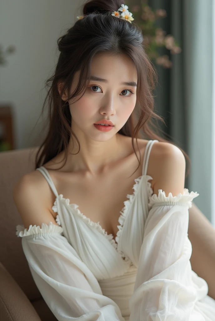 8k, masterpiece, RAW photo, best quality, photorealistic, extremely detailed CG unity 8k wallpaper, Depth of field, Cinematic Light, Lens Flare, Ray tracing, (extremely beautiful face, beautiful lips, beautiful eyes), intricate detail face, ((ultra detailed skin)), best quality, Masterpieces, Super high resolution, (photograph realistic:1.5), Original image, luxury long dress, 1girl, offshoulder, In the dark, deepshadow, low tune, Cold light, Sexy look, long whitr hair,Cafe,pretty,lim light,swirling hair, medium shot, big breast.