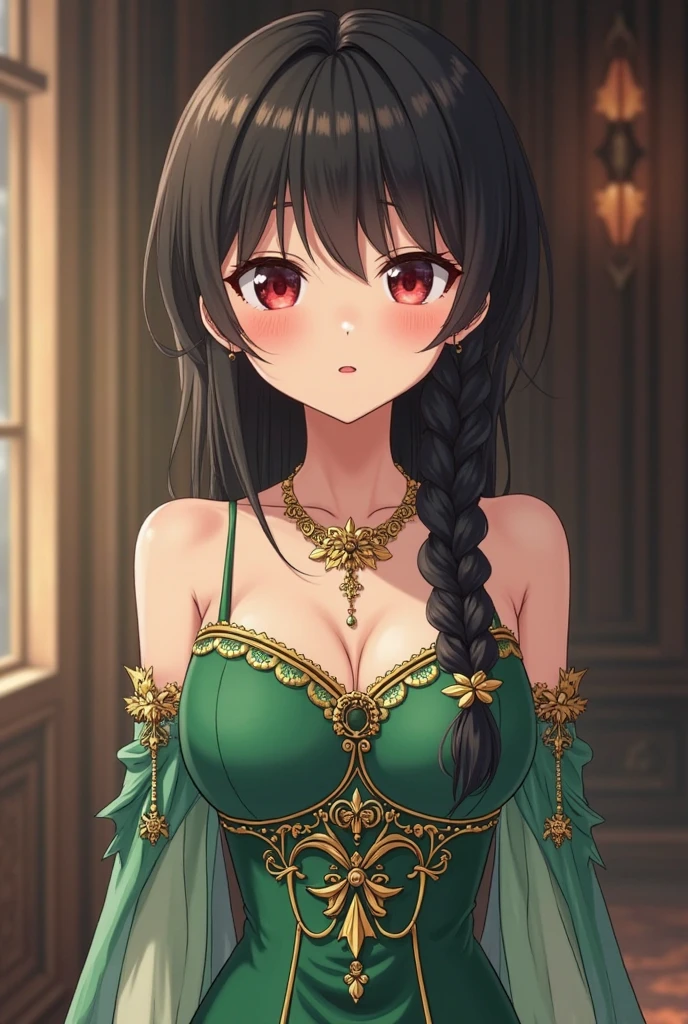 solo, 1girl, Masterpiece, 4K, HD, superb quality, beautiful dark haired and green eyed woman with fair skin, wearing a red haute_couture designer dress, with golden lining and embroidery,<lora:Haute_Couture:0.7>, front view, fashion show background, ultra realistic, smooth skin, perfect face, smiling, (upper body focus:1.2)
