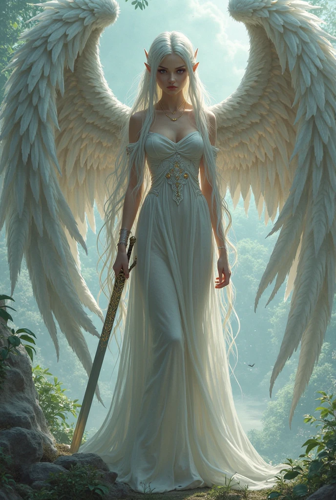 Beautiful female angel standing in the jungle of the dinosaur era, whole body, Holding a sword, Daytime, whole body
