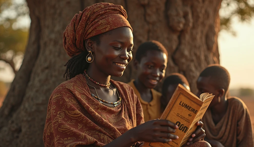 4k quality Picture of an African Nigerian mother at about the age of 55 sitting with her 8 children and smiling while telling them stories. The picture should be a wide angle shot showing the woman and all the children in full