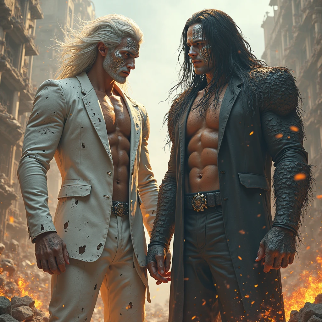 2 men.silver hair,silver hair ,golden eyes, silver eyes,rey, Principle,muscular, naked, facial hair, furry,Long hair, hard look, thoughtful, naughty face, mischievous, bright Eyes, High resolution, masterpiece, anatomically correct, necessary, Awarded many times, The best quality, detail, Damaged, details altos, HD Model, quality, high quality, smile, White skin, gifted
