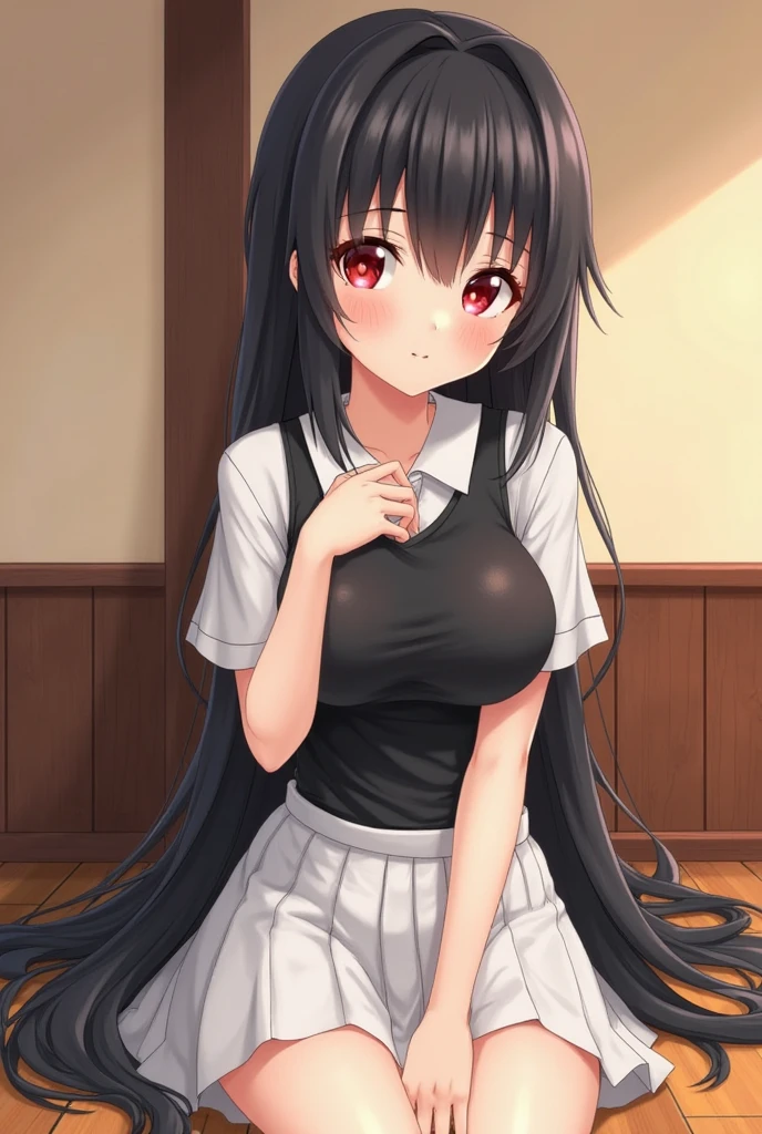 High quality 8k beautiful masterpiece perfect anatomy 1 girl black hair red eyes in black maid uniform short skirt with white stockings and white in red details small breasts in room neon lights