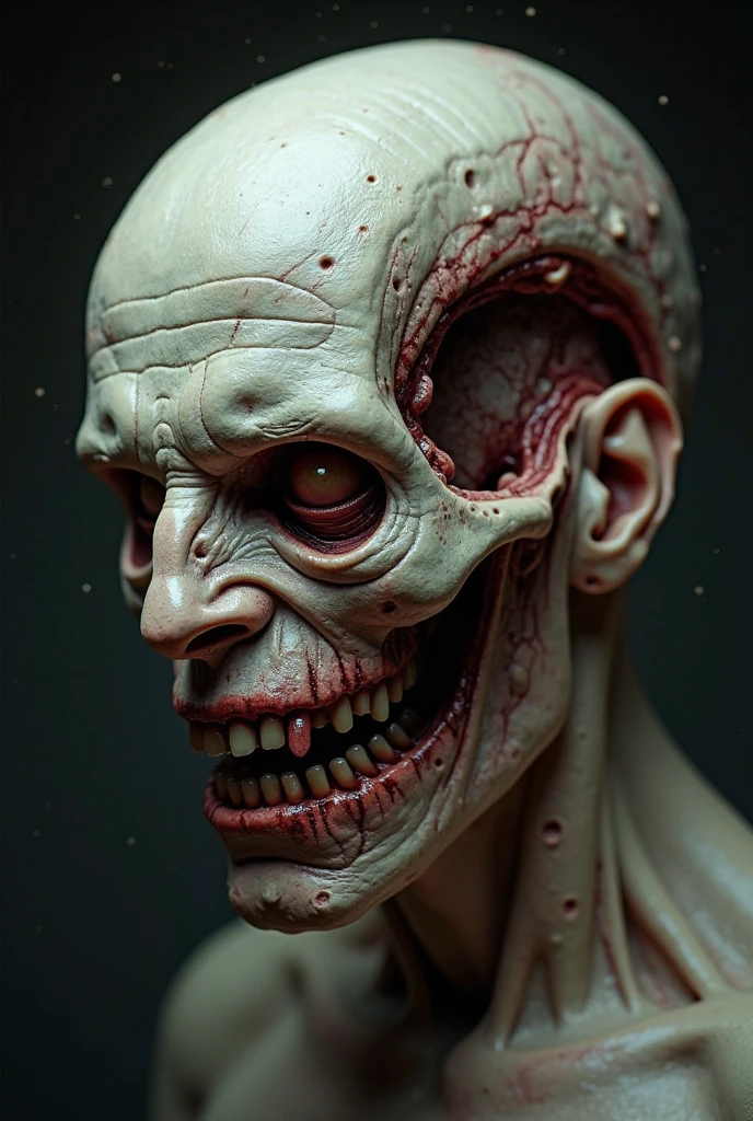 kkw-horror, centered colored photo, wounds, realistic blood, dirty, rotten, gore, abscess, virus, shot, dead, (missing jaw, missing ear, missing nose, missing skin parts, missing teeth:1.2), dark, dystopi, fine details, sharp focus, extremely detailed clothes, sharp details, extrem details, smooth shadows, high contrast, (photorealistic:1.1), (film grain), low saturation, (bald-headed), (randomness), rotten skin, Photorealistic, Hyperrealistic, Hyperdetailed, analog style, detailed skin, soft lighting, subsurface scattering, realistic, heavy shadow, masterpiece, best quality, ultra realistic, 8k, golden ratio, Intricate, High Detail, film photography, soft focus