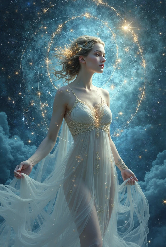 Imagine an ethereal figure bathed in a soft, radiant light that seems to emanate from within. She is draped in a translucent robe that flows as if made of pure light, shimmering in hues of gold and silver. Her skin is pale and glowing, reflecting an inner brilliance. Her eyes are deep and illuminated, as if containing the wisdom of the universe.

Around her, an aura of vibrant energy floats, formed by tiny points of light that move gently, creating a nearly magical effect. The figure stands in a contemplative or revelatory pose, with one hand extended, as if sharing or unveiling a profound truth. The surrounding environment is ethereal and misty, suggesting a space between dream and reality.