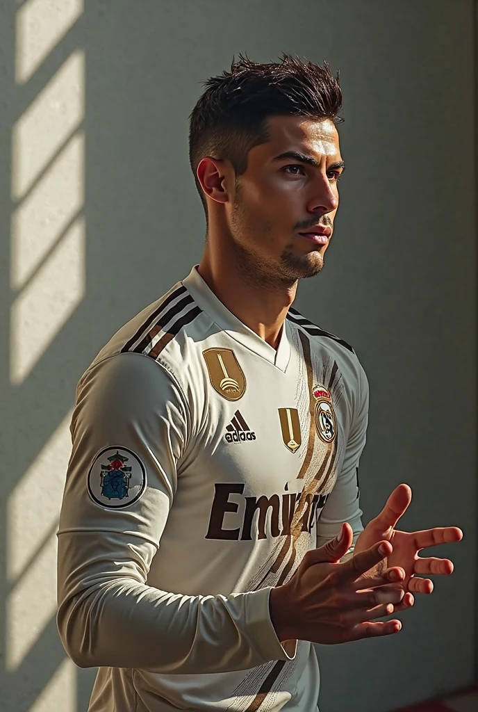 A photo of Cristiano Ronaldo pointing to the sky, wearing the turquoise Real Madrid away shirt from 2018