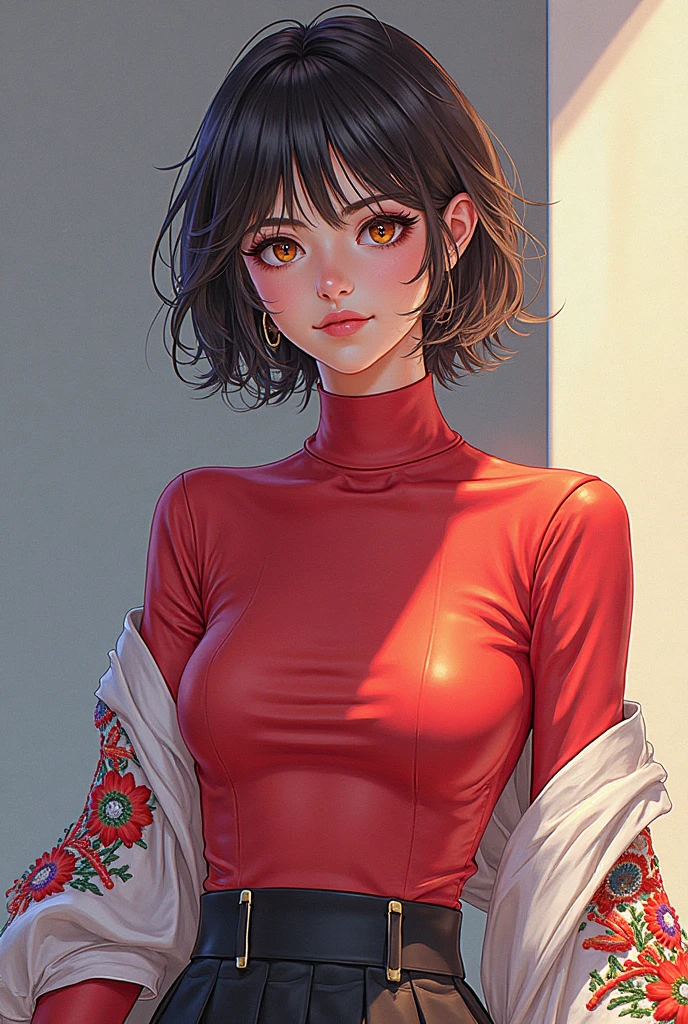 1girl, uchiha sarada in anime boruto, short hair, black hair, red eyes, wearing red glasses, smile, beautiful, sexy clothes, sexy dress, red clothes, very big breast, realistic clothes, purple clothes, konoha background, ultra detail, realistic