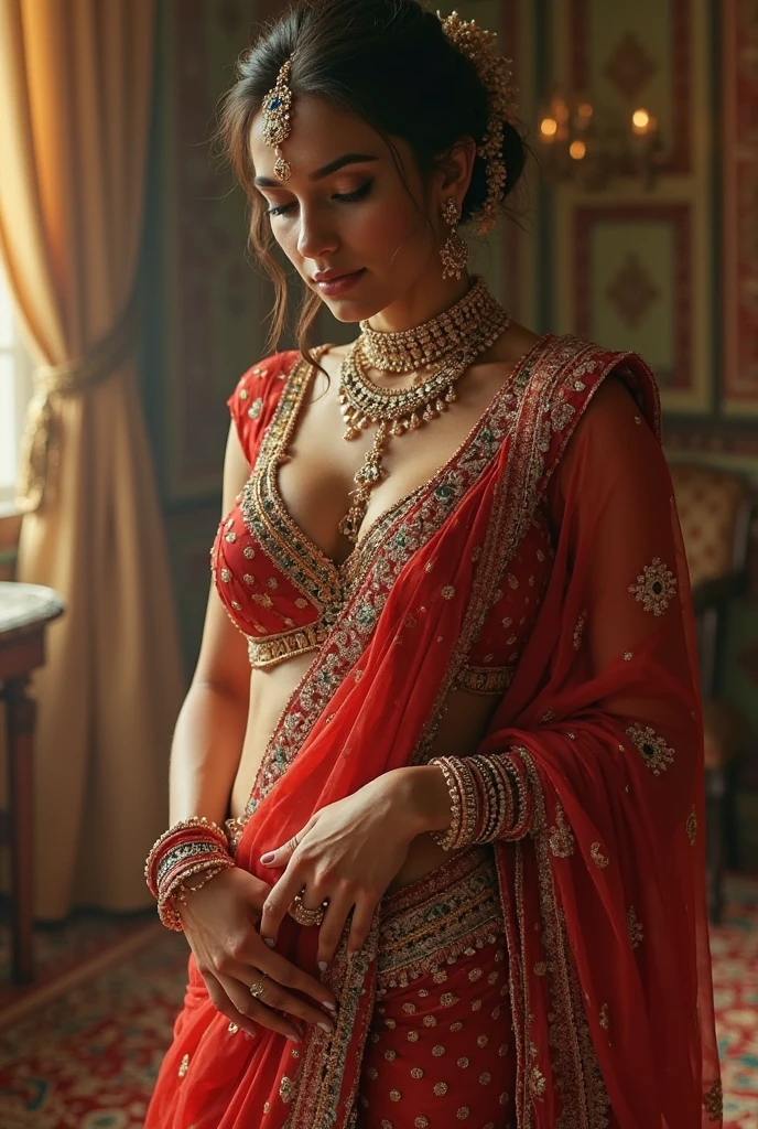 

In the sumptuous elegance of her exquisitely decorated US bedroom, the newly married Pakistani Kashmiri woman stands as a vision of opulence and refinement. She is adorned in an extraordinary saree of deep, rich burgundy, crafted from the finest silk and designed to captivate. The saree features an intricate array of embroidery and embellishments that create a breathtaking display of artistry.

The fabric is adorned with elaborate patterns of gold, silver, and ruby red threads, weaving together a lavish tapestry of floral designs and swirling motifs. The border is a masterclass in craftsmanship, embellished with ornate beadwork, sequins, and delicate pearls, creating a border that shimmers with every graceful movement. The pallu of the saree is a marvel of design, featuring cascading layers of finely embroidered fabric, accented with a glittering fringe of tiny crystals that catch the light with every shift.

Her hair is styled in a glamorous updo, with soft, cascading curls framing her face, enhancing her sophisticated allure. The ensemble is completed with a dazzling diamond necklace that drapes elegantly around her neck, complemented by a set of matching earrings and a bracelet, each piece meticulously designed to harmonize with her look.

Her makeup is flawlessly applied, with a dramatic emphasis on her eyes and bold red lips that perfectly complement the rich tones of her saree. The room’s decor adds to the luxurious ambiance, with rich, dark wood accents, plush velvet cushions, and soft, ambient lighting that highlights the intricate details of her attire. 

As she stands poised and graceful, the combination of the exquisite burgundy saree, the radiant diamonds, and the opulent setting creates an unforgettable portrait of elegance and sophistication, embodying the ultimate in luxury and style.