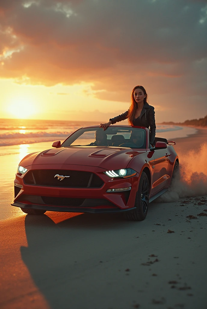 (Car photography), a beautiful woman in a red convertible car, driving along the coast, golden hour lighting, cinematic composition, photorealistic, highly detailed, 8k, (best quality, 4k, 8k, highres, masterpiece:1.2), ultra-detailed, (realistic, photorealistic, photo-realistic:1.37), HDR, UHD, studio lighting, ultra-fine painting, sharp focus, physically-based rendering, extreme detail description, professional, vivid colors, bokeh, cinematic, dramatic lighting, golden hour, coastline, ocean, waves, sandy beach, palm trees