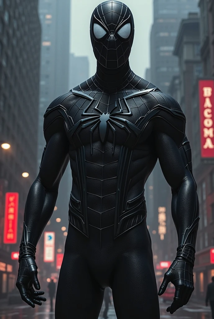 Create an image of an 18-20 year old male superhero in a bold, eye-catching black costume. The suit should cover his entire face like Spider-Man or Black Panther, with sleek, modern design elements. The costume should be entirely black, with striking accents and textures to enhance its visual impact.