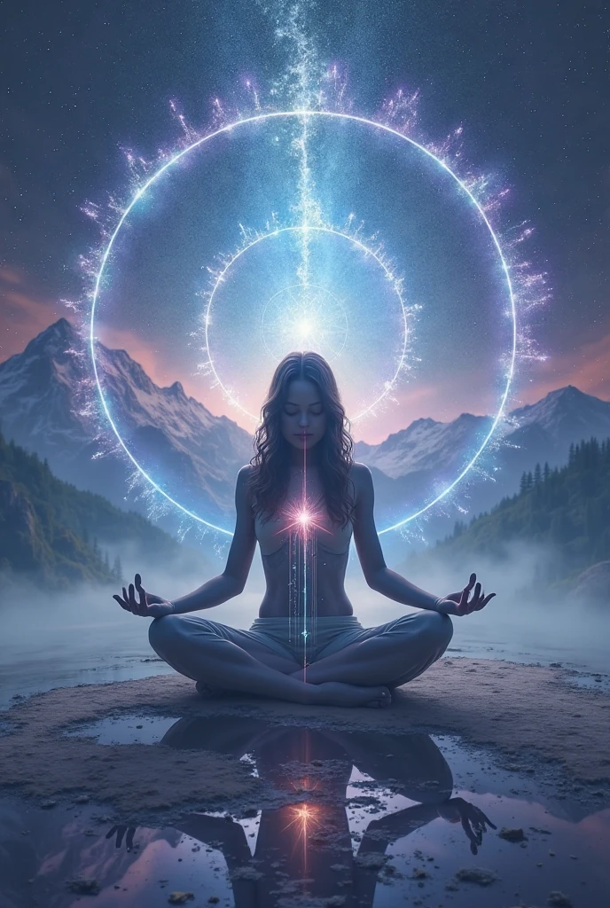 Meditation in Real Life. Light and dark. sharp contrast. universe. High definition image, high detailing and dreamlike drawing style. neon colors, Image with at least 300 dpi, HD, digital art