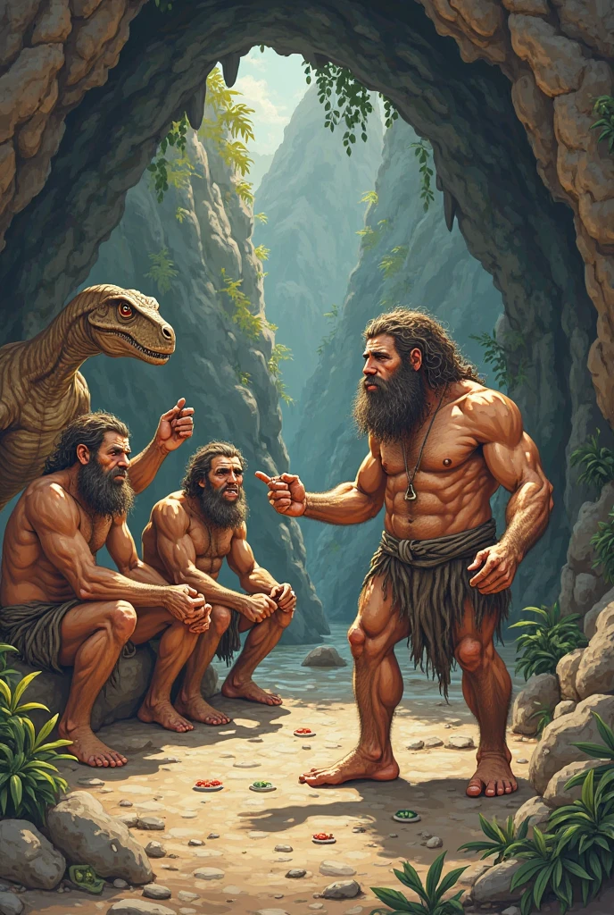 Masterpiece, Neanderthal man, drawing on a cave wall, cave drawing, best quality, highlighting Neanderthal man, primordial hominids, human evolution.