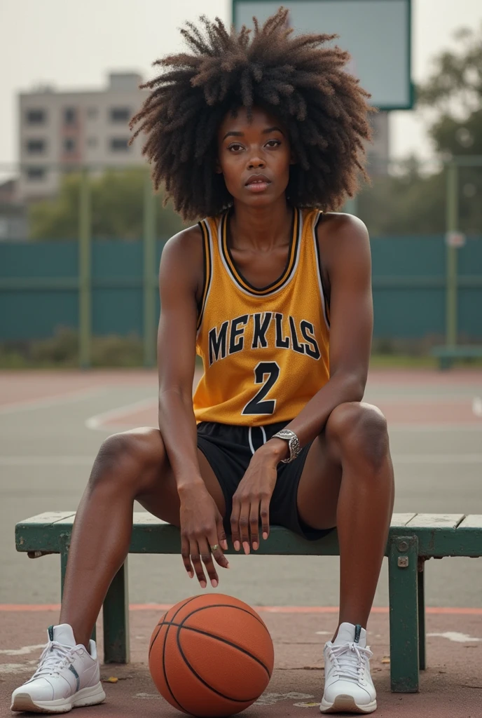 beautiful detail, best quality, 8k, highly detailed face and skin texture, high resolution, big tits cute long hair black skin girl in yellow basketball jersey at basketball court, full body, sharp focus