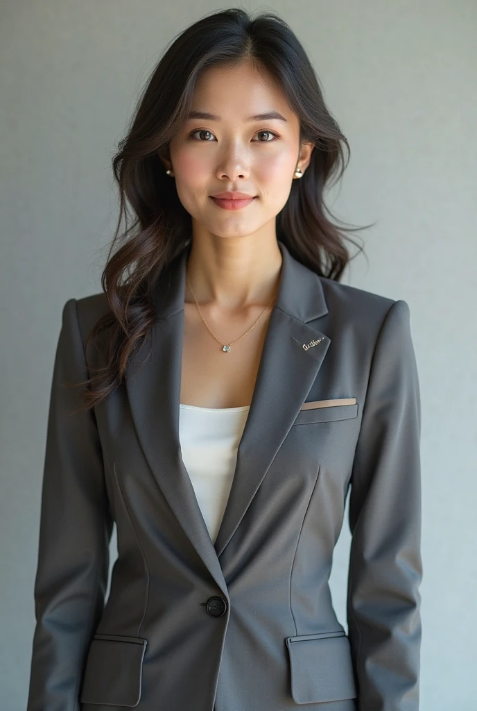 masterpiece,best quality, (clerk lady:1), ((portrait:1.3)), cross arms, gray blazer, white shirt, gray pant, smile