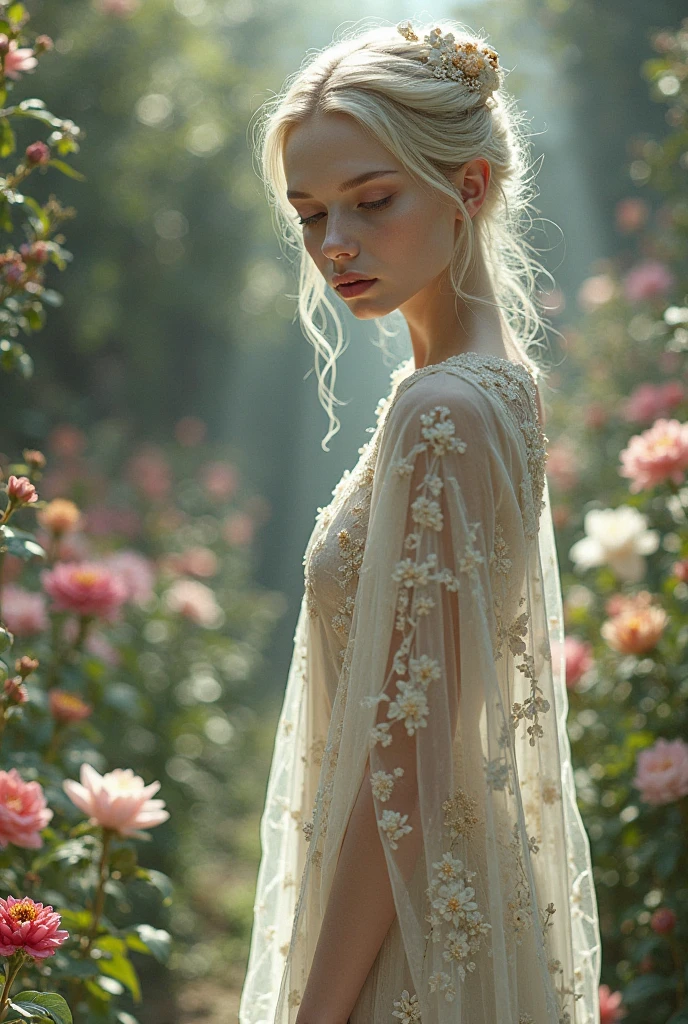 (best quality,4k,8k,highres,masterpiece:1.2),ultra-detailed,(upper body),(realistic,photorealistic,photo-realistic:1.37),long and elegant elf-like ears,fair and porcelain-like skin,gently flowing platinum blonde hair,piercing and enchanting green eyes,feminine and delicate facial features,gently rosy cheeks,slender and graceful figure,wearing an ethereal flowing gown made of silk and lace,Mediterranean garden with blooming flowers,soft and warm sunlight illuminating the scene,vibrant and lush greenery surrounding the garden,refreshing fragrance of the flowers filling the air,crystal-clear pond reflecting the beauty of the garden,peaceful and serene atmosphere,subtle and harmonious color palette with pastel tones,soft and dreamlike lighting creating a magical ambiance.