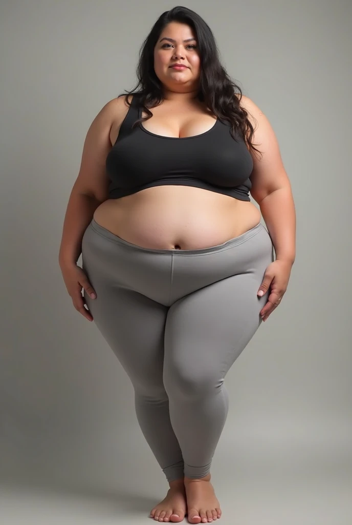 a close up of a woman in a brown shirt and pants , thicc, she has a jiggly fat round belly, thick body, beautiful thick female, her belly is fat and round, curvy hourglass figure, thick, skinny waist and thick hips, curvy model, middle body shot, bbwchan, voluptuous body, thick thighs, very curvy, baby face, chubby cheeks, full body, full body view
