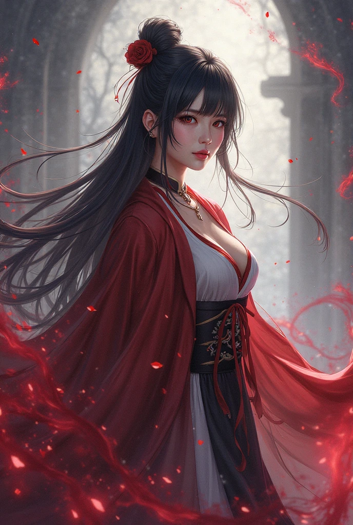 A girl with black fox-ears, face scars and morbid bloodless-face. She is wearing black Japanese-kimono and holding Japanese knife, Aikuchi, She is eerily laughing, insanity. Blood-moon, Scarlet celestials, Groves in the night, Dark atmosphere, Gloomy, Profile