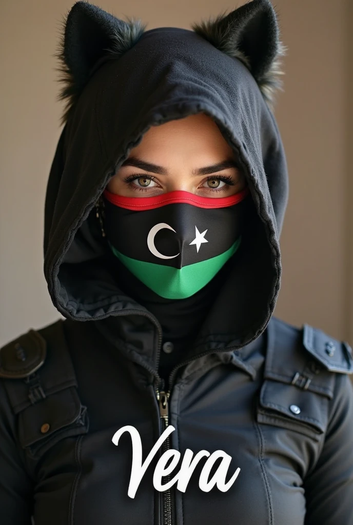 Veiled Muslim woman wearing Algerian flag jacket