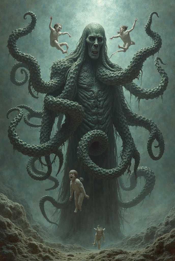 Cthulhu,blond hairbl,blood eyes,Eight feet tall,Three heads and six arms,