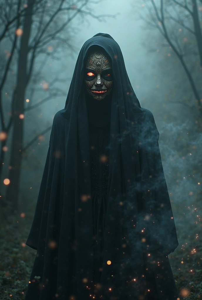 female a ninja with a Japanese scary halfe oni mask, com uma roupa preta, menacingly