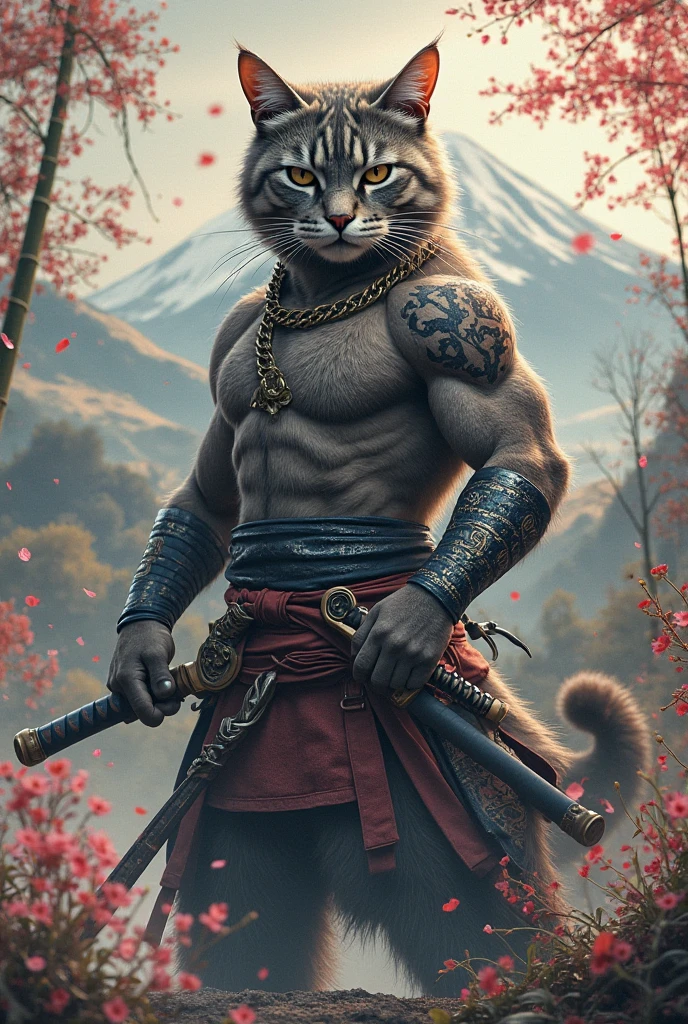 one eyed samurai cat wielding two katana ,eye patch (((only one eye))), scar on one eye