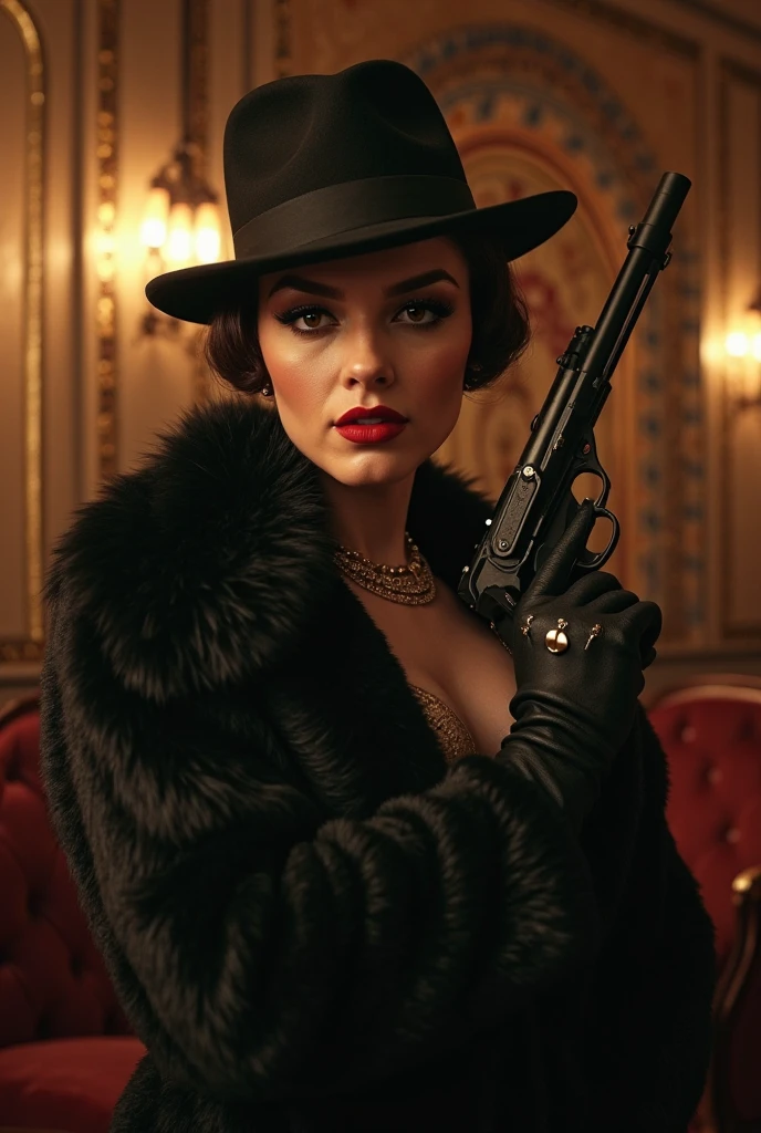 chicago 1930s female gangster, femme fatale, elegant Gangster Moll suit cinched, faux fur coat, waist, wide shoulders, dramatic makeup, red lips, dark eyeshadow, slicked-back hair, pearl necklace, pearl earrings, holding a pistol, dimly lit, high contrast, chiaroscuro lighting, film noir aesthetic, moody, atmospheric