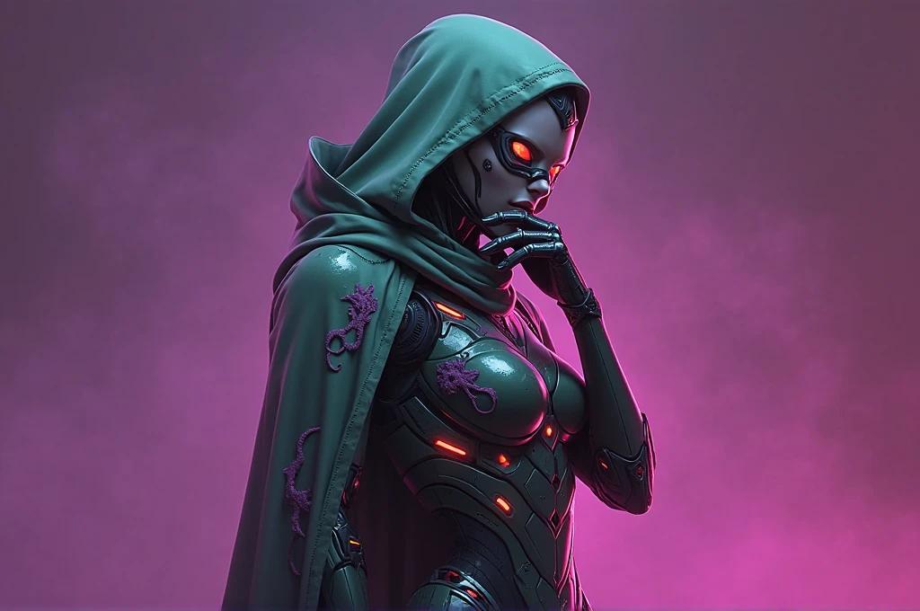 Female humanoid alien, biomechanical body and face, porcelain-colored skin, lake dark green hair, black cloak covering her body, serious countenance, hood covering her head, eyes completely covered with a black blindfold, no eyes