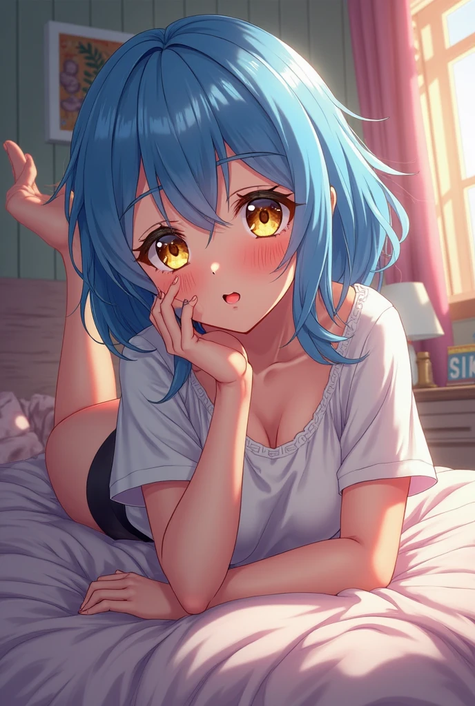 akanekurokawa, akane kurokawa, bangs, (Green Eyes:1.3), Blue Hair, Long Hair, dark Blue Hair,Black Tank Top,purple string underwear,barefoot,Sitting on the bed,Sleepy eyes,smile,blush,morning,morning陽,The sun is rising,whole bodyがイラストに入るように,
break indoors, Bedroom,
break looking at viewer,whole body,(Cowboy Shot:1. 5) 
break (masterpiece:1.2), Highest quality, High resolution, unity 8k wallpaper, (figure:0.8), (Beautiful attention to detail:1.6), Highly detailed face, Perfect lighting, Highly detailed CG, (Perfect hands, Perfect Anatomy),