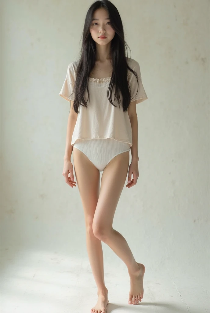 Low angle shot, own room, in underwear, alafed asian woman in underwear, cute schoolgirl, Japan girl, white underwear, surreal schoolgirl, high school girl, surreal schoolgirl, girl in underwear, high school girl in underwear, middle of dressing, high school girl posing, full body, fair skin, small, pure white pants, show off, nice skin, glowing skin, nice thighs, shining thighs, shining legs, bob cut hair,