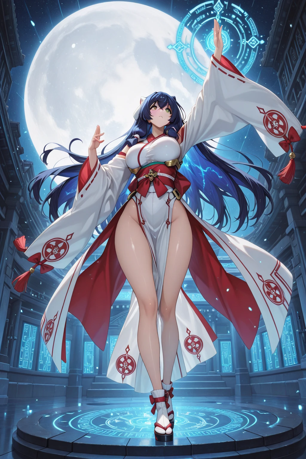 anime、Vibrant colors、Cool beauty、27 years old、Black Hair、Long Hair、Straight Hair、The bangs are cut above the eyebrows、Narrow eyes、Slanted Eyes、Bright eyes、Sparkling eyes、Large Breasts、Night Sky、Many Stars、Strong winds、Vivid Kimono、Hair ornament in the shape of the moon
